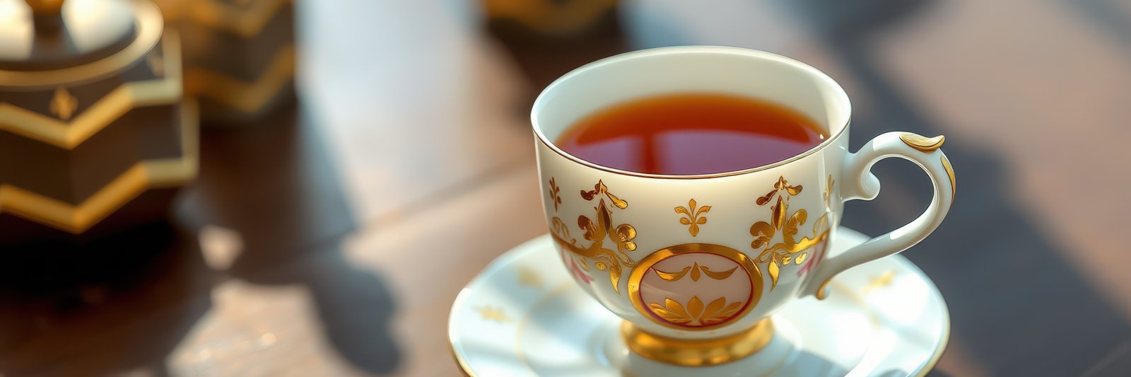 Elegant tea cup with a delicate design sits on a saucer in warm afternoon light